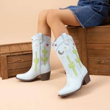 DREAM PAIRS Girls Cowboy Boots Cowgirl Mid Calf Western Boots with Low Heel Square Toe for Little Ki...