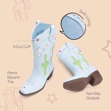 DREAM PAIRS Girls Cowboy Boots Cowgirl Mid Calf Western Boots with Low Heel Square Toe for Little Kid/Big Kid,Size 4 Big Kid,Light Blue,KKUMMB2501