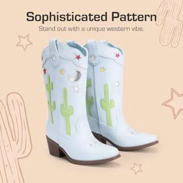 DREAM PAIRS Girls Cowboy Boots Cowgirl Mid Calf Western Boots with Low Heel Square Toe for Little Kid/Big Kid,Size 4 Big Kid,Light Blue,KKUMMB2501