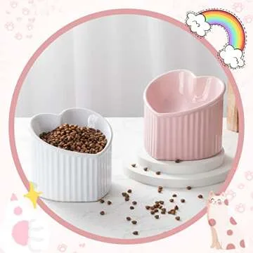 Mumufy 2 Pcs Ceramic Elevated Cat Bowls Tilted Elevated Raised Pet Bowls Anti Vomit Cat Bowls for Indoor Stress Free Water Dish Feeder for Cats Puppies, Heart Shaped(Pink, White)