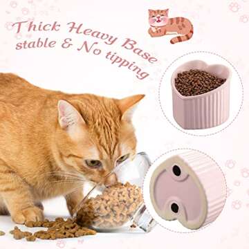 Mumufy 2 Pcs Ceramic Elevated Cat Bowls Tilted Elevated Raised Pet Bowls Anti Vomit Cat Bowls for Indoor Stress Free Water Dish Feeder for Cats Puppies, Heart Shaped(Pink, White)