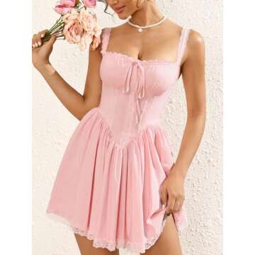 Womens Sexy Mini Dress Square Neck Tie Front Lace Spliced Ruched Backless Casual Party Short Bodycon Summer Dresses Pink
