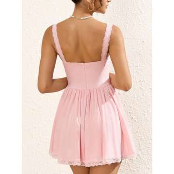 Womens Sexy Mini Dress Square Neck Tie Front Lace Spliced Ruched Backless Casual Party Short Bodycon Summer Dresses Pink
