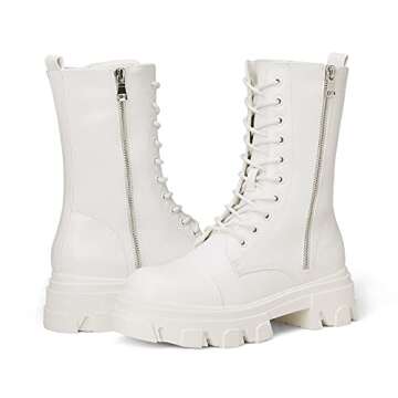 DREAM PAIRS Women's DMB215 Combat Boots Lace up Mid Calf Boots Low Heel Chunky Platform Riding Boots, White, Size 8