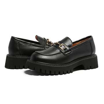 MACNMEUU Platform Loafers for Women Chunky Heel Lug Sole Loafers Slip ons Round Toe Black, Size 7.5