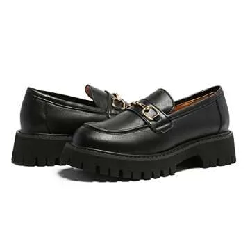 MACNMEUU Platform Loafers for Women Chunky Heel Lug Sole Loafers Slip ons Round Toe Black, Size 7.5