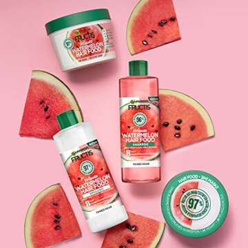 Garnier Hair Mask, Watermelon Hairfood, Moisturising 3-in-1 Mask, Gently Detangles Fine Hair and Gives Unrivalled Shine, Fructis, 390 ml