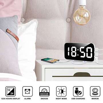 Lamisola Digital Alarm Clock, Large LED Mirror Display, 2 USB Charging Ports，Auto Dim Mode，Moder...