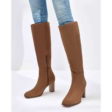 Coutgo Women's Thigh High Fashion Boots Faux Leather Block Chunky Heels Square Toe Fall Winter Shoes Brown 11