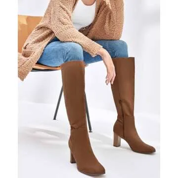 Coutgo Women's Thigh High Fashion Boots Faux Leather Block Chunky Heels Square Toe Fall Winter Shoes Brown 11