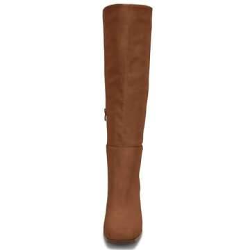Coutgo Women's Thigh High Fashion Boots Faux Leather Block Chunky Heels Square Toe Fall Winter Shoes Brown 11