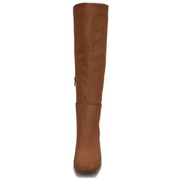 Coutgo Women's Thigh High Fashion Boots Faux Leather Block Chunky Heels Square Toe Fall Winter Shoes Brown 11