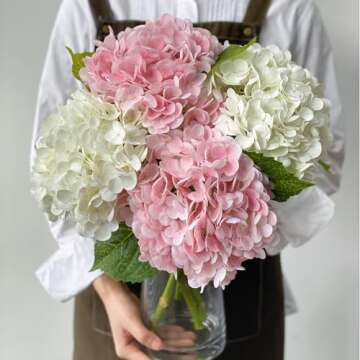 RUZUQE 4 Pcs Hydrangea Artificial Flower 2 White + 2 Pink 21'' Long Stem Lifelike Real Touch YalzoneMet Hydrangea Latex for Home Kitchen Decoration Bridal Bouquet Wedding Outdoor Decor