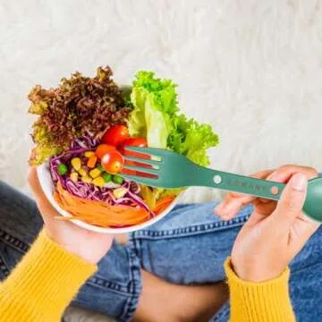 Loyzcy Reusable 4-in-2 Combo Camping Utensil Set, 4 Sets Spoon-Fork-Knife Travel Utensils, Portable Plastic Cutlery Backpacking Gear for Lunch Hiking Outdoor Survival (Green, Orange, Blue, Grey)