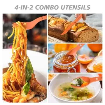 Loyzcy Reusable 4-in-2 Combo Camping Utensil Set, 4 Sets Spoon-Fork-Knife Travel Utensils, Portable Plastic Cutlery Backpacking Gear for Lunch Hiking Outdoor Survival (Green, Orange, Blue, Grey)