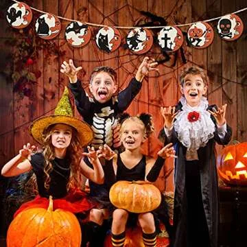 8 Pieces Man Moon Halloween Wooden Pendant Vintage Halloween Hanging Wooden Ornaments Hanging Wood Sign Decor with Pumpkin Bat Cat Ghost Cat Witch Skull for Home Party Craft Decoration