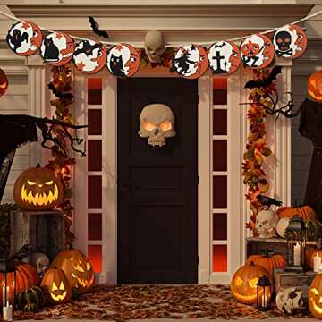 8 Pieces Man Moon Halloween Wooden Pendant Vintage Halloween Hanging Wooden Ornaments Hanging Wood Sign Decor with Pumpkin Bat Cat Ghost Cat Witch Skull for Home Party Craft Decoration