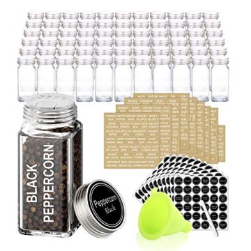 SWOMMOLY 66 Glass Spice Jars with 703 Spice Labels, Chalk Marker and Funnel Complete Set. 66 Square ...