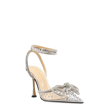 MissHeel Crystal Bow Heels Clear Closed Toe Pumps with Rhinestone Ankle Strap Sparkly Heeled Sandals...