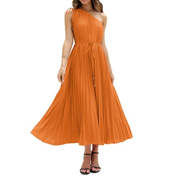 BTFBM Women's Drawstring One Shoulder Maxi Dress - Summer Sleeveless Tie Waist Pleated Long Flowy Pa...