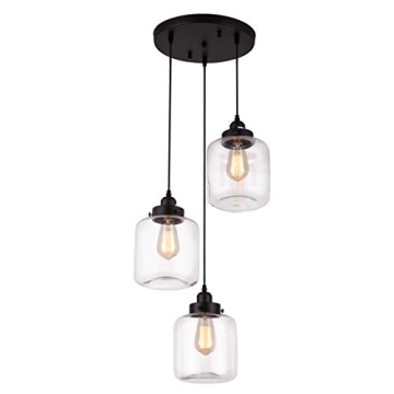Weesalife Pendant Light with Transparent Glass Shade Matte Black 3-Lights Pendant Lighting Adjustabl...