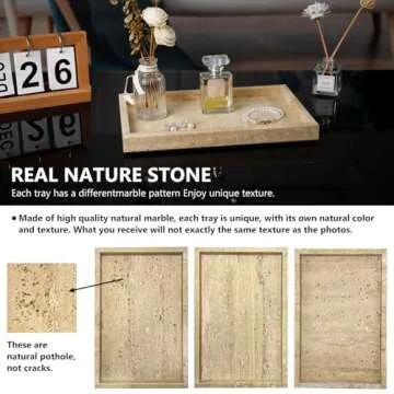 Zilukar Real Natural Travertine Tray for Bathroom, Vanity, Kitchen and Desktop, Rectangle Genuine Travertine Stone Tray for Jewelry, Cosmetics, Candles, Lotion, Perfume and Home Decor
