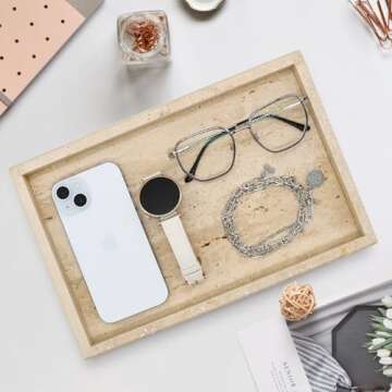 Zilukar Real Natural Travertine Tray for Bathroom, Vanity, Kitchen and Desktop, Rectangle Genuine Travertine Stone Tray for Jewelry, Cosmetics, Candles, Lotion, Perfume and Home Decor