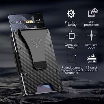 Wallet for Men with Transparent ID Card Holder - Slim Mens Wallet with RFID Blocking Technology - 15 Card Holder Capacity - Metal Money Clip for Bill Holder - Box Packaged - Gift for Him(Carbon Fiber)