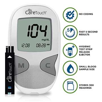 Care Touch Blood Glucose Meter Kit - Diabetes Testing Kit with Glucometer, Test Strips, Lancing Device, Lancets & Easy to Carry Travel Case - 5 Second Results - Auto ON/OFF Feature