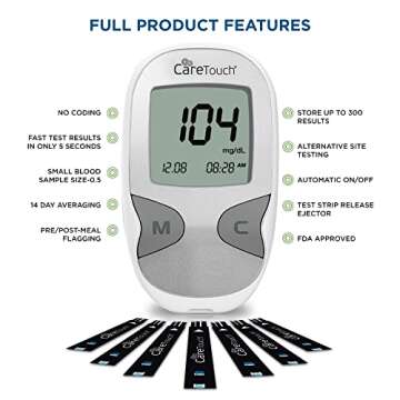 Care Touch Blood Glucose Meter Kit - Diabetes Testing Kit with Glucometer, Test Strips, Lancing Device, Lancets & Easy to Carry Travel Case - 5 Second Results - Auto ON/OFF Feature