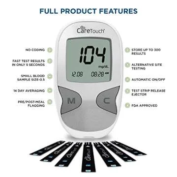 Care Touch Blood Glucose Meter Kit - Diabetes Testing Kit with Glucometer, Test Strips, Lancing Device, Lancets & Easy to Carry Travel Case - 5 Second Results - Auto ON/OFF Feature