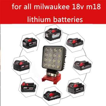LED Work Light for Milwaukee m18 18v Series Battery 3W LED x 16=48W 4800LM Cordless Flashlight Battery Light with Low Voltage Protection for Camping Workshop Outdoor Emergencies