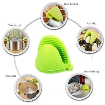 2 Pairs Mini Oven Gloves Silicone Heat Resistant Cooking Pinch Mitts Potholder for Kitchen Cooking & Baking (Green and Rose Red)