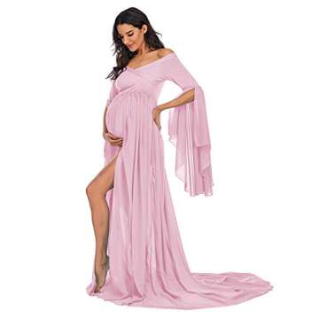 ZIUMUDY Off Shoulder Maternity Maxi Chiffon Dress for Photo Shoot Bell Sleeves Split Dress for Photo...