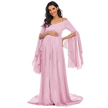 ZIUMUDY Off Shoulder Maternity Maxi Chiffon Dress for Photo Shoot Bell Sleeves Split Dress for Photography Baby Shower (Pink, Large)