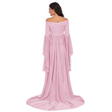 ZIUMUDY Off Shoulder Maternity Maxi Chiffon Dress for Photo Shoot Bell Sleeves Split Dress for Photography Baby Shower (Pink, Large)