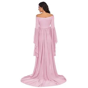 ZIUMUDY Off Shoulder Maternity Maxi Chiffon Dress for Photo Shoot Bell Sleeves Split Dress for Photography Baby Shower (Pink, Large)