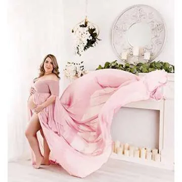 ZIUMUDY Off Shoulder Maternity Maxi Chiffon Dress for Photo Shoot Bell Sleeves Split Dress for Photography Baby Shower (Pink, Large)