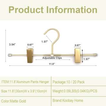 Koobay Shorts Hangers 20 Pack Jeans Hangers for Closet 11.8" Gold Aluminium Hangers with 2 Adjustable Clips Pants Hanger Shirt Slim Hangers for Men Women Metal Hangers