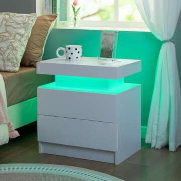 i-aplus Nightstand Set of 2 LED Nightstand with 2 Drawers,Night Stand Set 2 with LED Light,Bedside Table with Drawers for Bedroom,White
