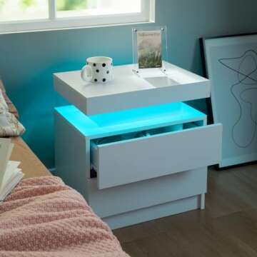 i-aplus Nightstand Set of 2 LED Nightstand with 2 Drawers,Night Stand Set 2 with LED Light,Bedside Table with Drawers for Bedroom,White