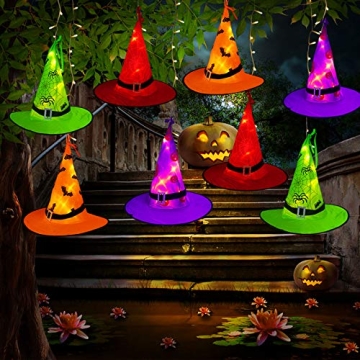 Tcamp Halloween Decorations Lighted Witch Hats Lights, 8Pcs Hanging Glowing Witch Hats with 44ft 104...