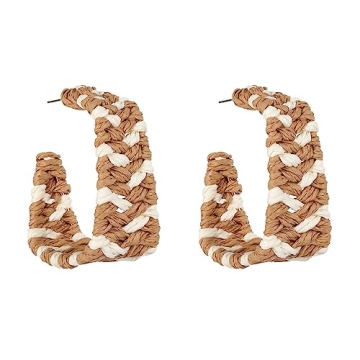 Statement Rattan Earrings Boho Raffia Earrings for Women Handmade Weave Square Hoop Earrings Multi C...