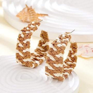 Statement Rattan Earrings Boho Raffia Earrings for Women Handmade Weave Square Hoop Earrings Multi Colour Geometric Drop Dangle Earrings for Women Summer Beach Vacation Jewelry (brown)
