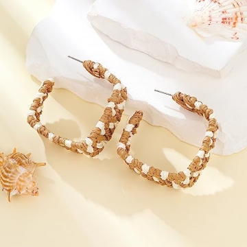 Statement Rattan Earrings Boho Raffia Earrings for Women Handmade Weave Square Hoop Earrings Multi Colour Geometric Drop Dangle Earrings for Women Summer Beach Vacation Jewelry (brown)