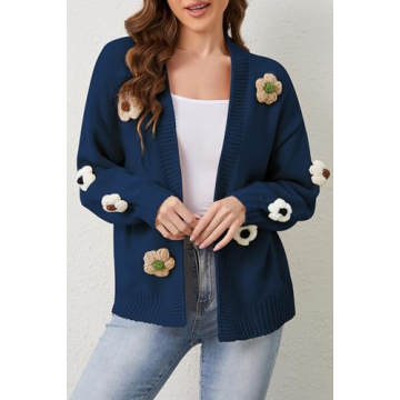 Cakulo Womens 2024 Cardigan Sweaters Fall Oversized Chunky 3D Flower Open Front Knit Cardigans Trendy Navy Blue L