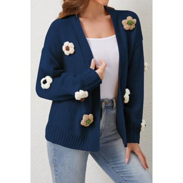 Cakulo Womens 2024 Cardigan Sweaters Fall Oversized Chunky 3D Flower Open Front Knit Cardigans Trendy Navy Blue L