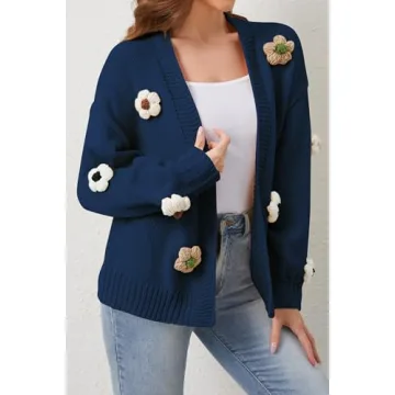 Cakulo Womens 2024 Cardigan Sweaters Fall Oversized Chunky 3D Flower Open Front Knit Cardigans Trendy Navy Blue L