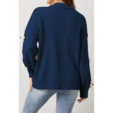 Cakulo Womens 2024 Cardigan Sweaters Fall Oversized Chunky 3D Flower Open Front Knit Cardigans Trendy Navy Blue L