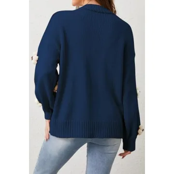 Cakulo Womens 2024 Cardigan Sweaters Fall Oversized Chunky 3D Flower Open Front Knit Cardigans Trendy Navy Blue L